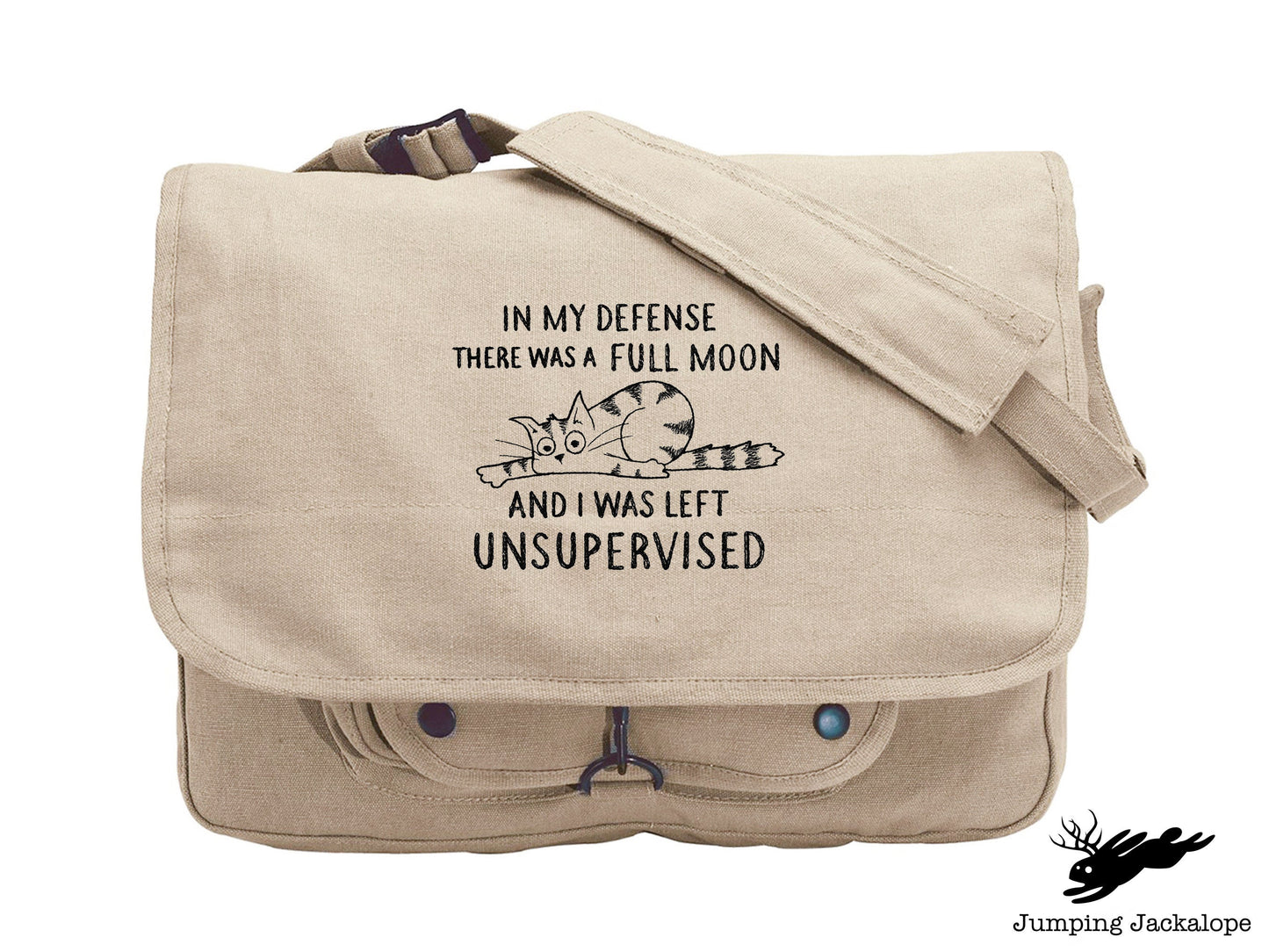 Unsupervised Cat Embroidered Canvas Messenger Bag, Cat Bag, Funny Cat Bag