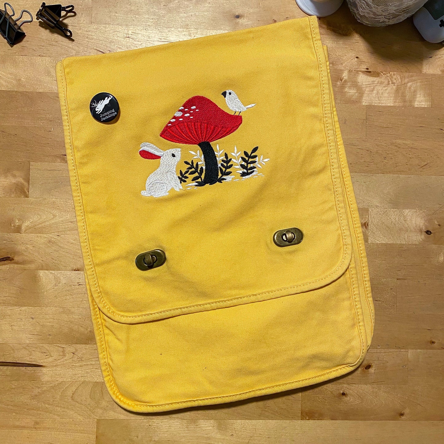 A Curious Find - Rabbit Bird Mushroom Embroidered Canvas Field Bag