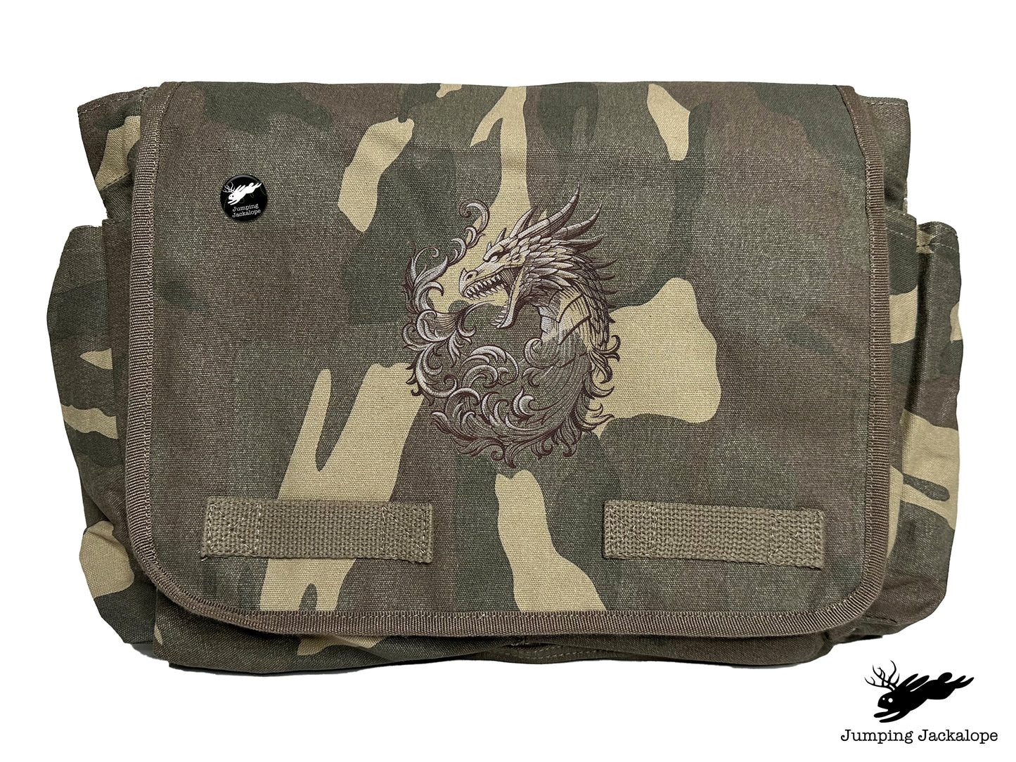 Baroque Scrollwork Dragon Embroidered Classic Canvas Messenger Bag