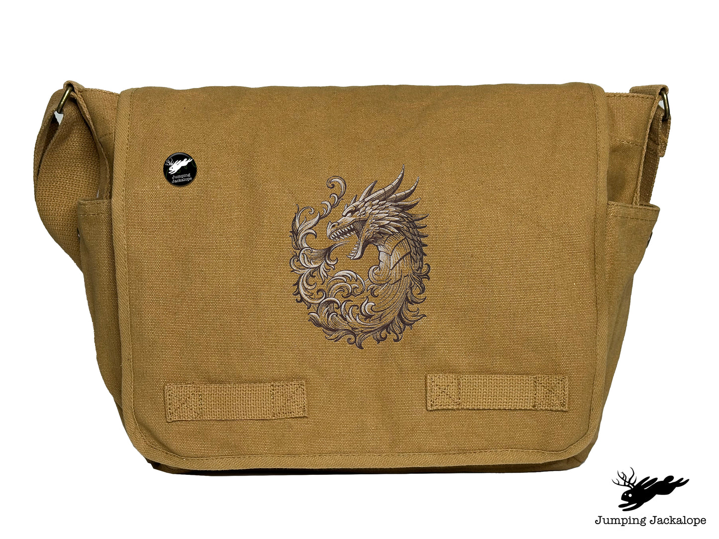Baroque Scrollwork Dragon Embroidered Classic Canvas Messenger Bag
