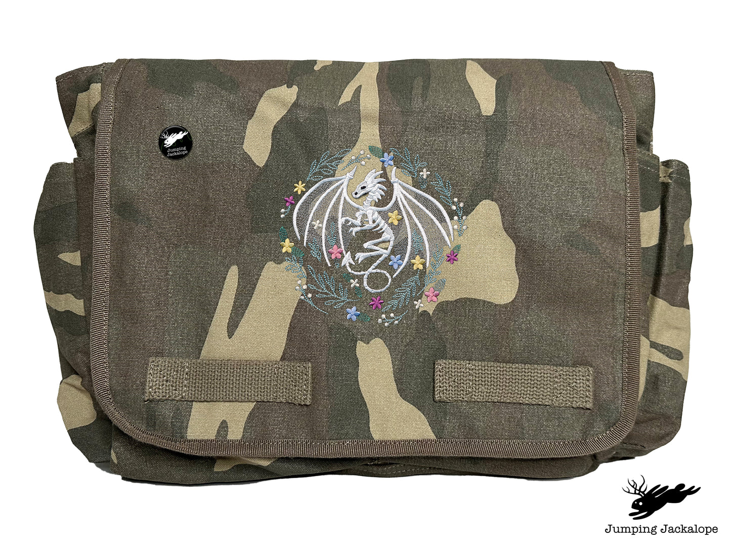 Floral Dragon Skeleton Embroidered Classic Canvas Messenger Bag