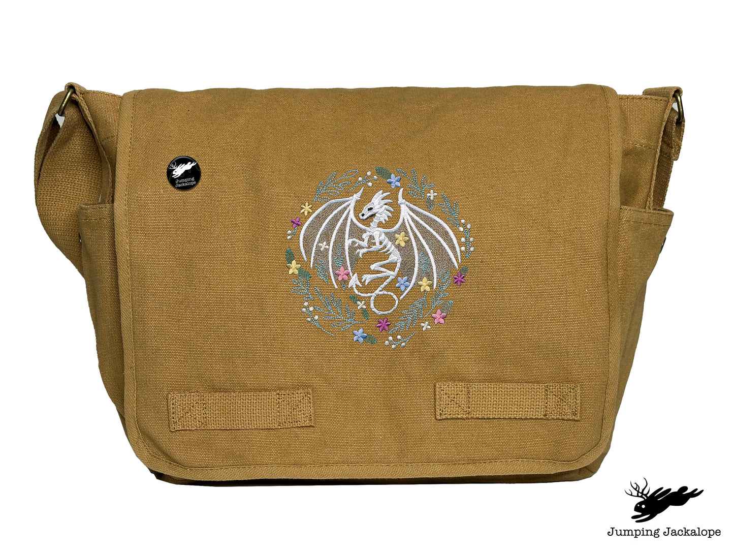 Floral Dragon Skeleton Embroidered Classic Canvas Messenger Bag