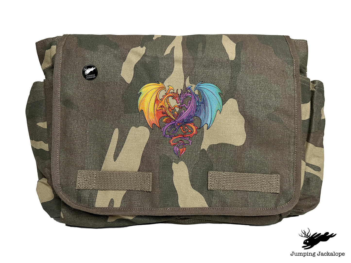 Intertwined Rainbow Heart Dragons Embroidered Classic Canvas Messenger Bag