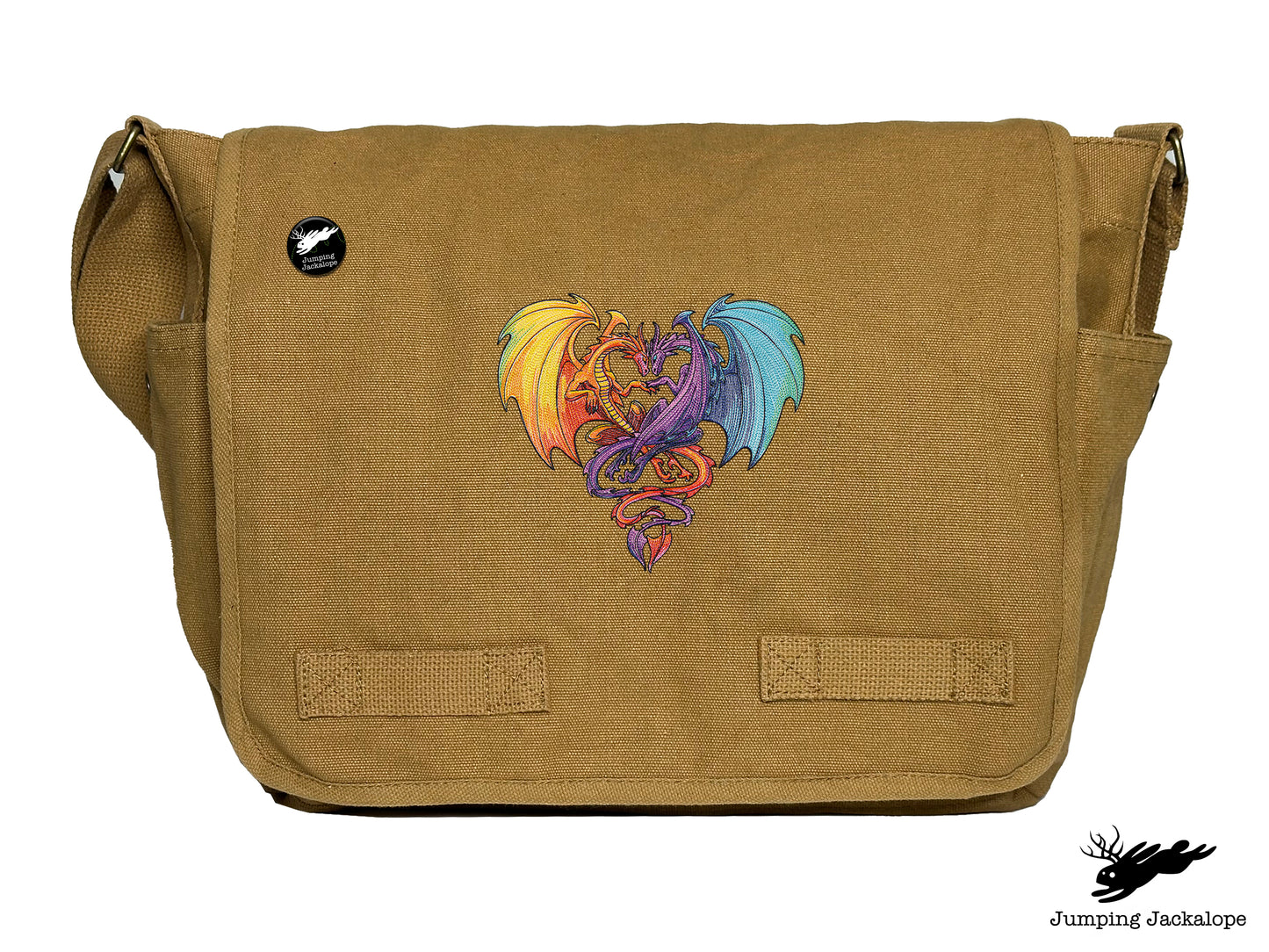 Intertwined Rainbow Heart Dragons Embroidered Classic Canvas Messenger Bag