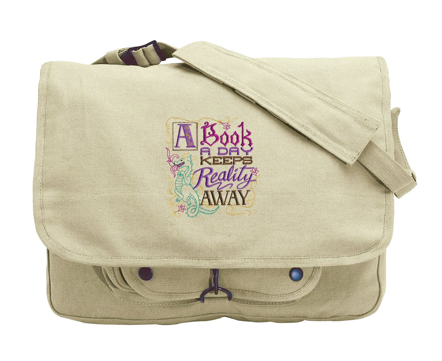 A Book a Day Keeps Reality Away Embroidered Canvas Messenger Bag