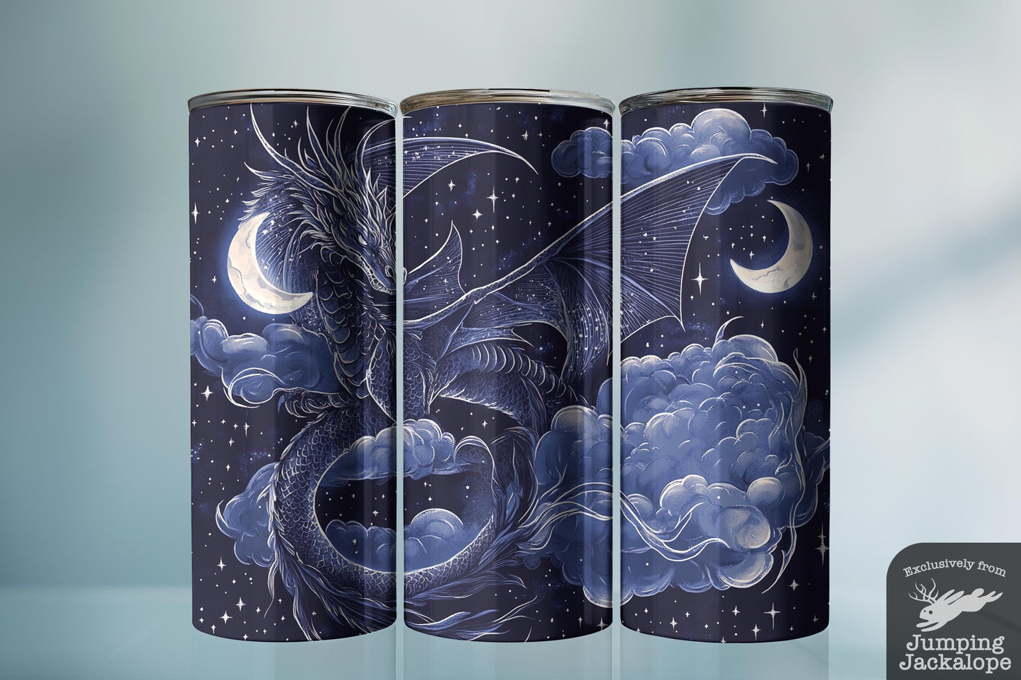 Stormborne Sky Dragon Tumbler – 20oz Celestial Cloud Fantasy Cup | Deep Blue Night Flight