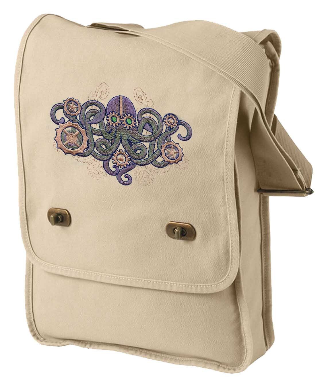 Mechanica Aquatica Steampunk Octopus Embroidered Canvas Field Bag