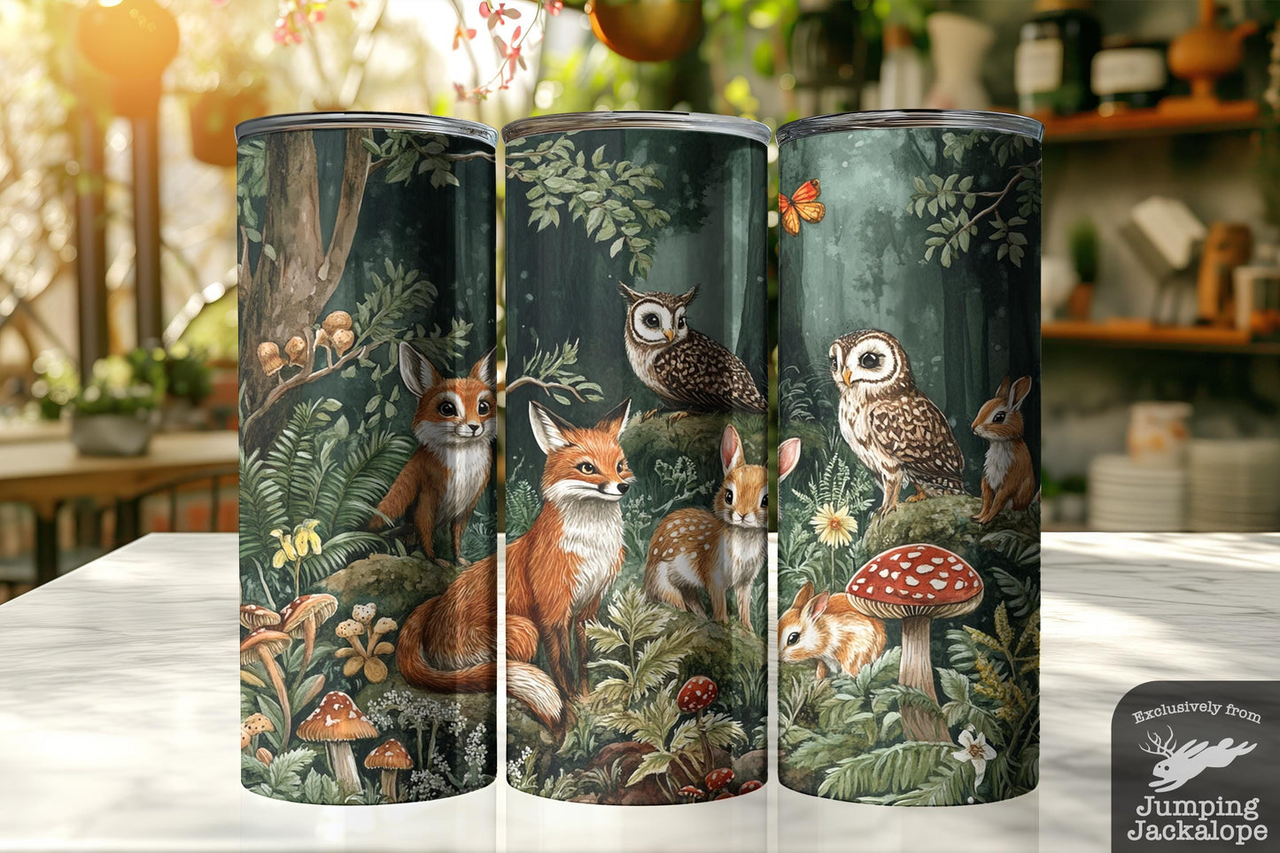 Enchanted Forest Tumbler – Fox, Owls & Woodland Creatures with Mushrooms