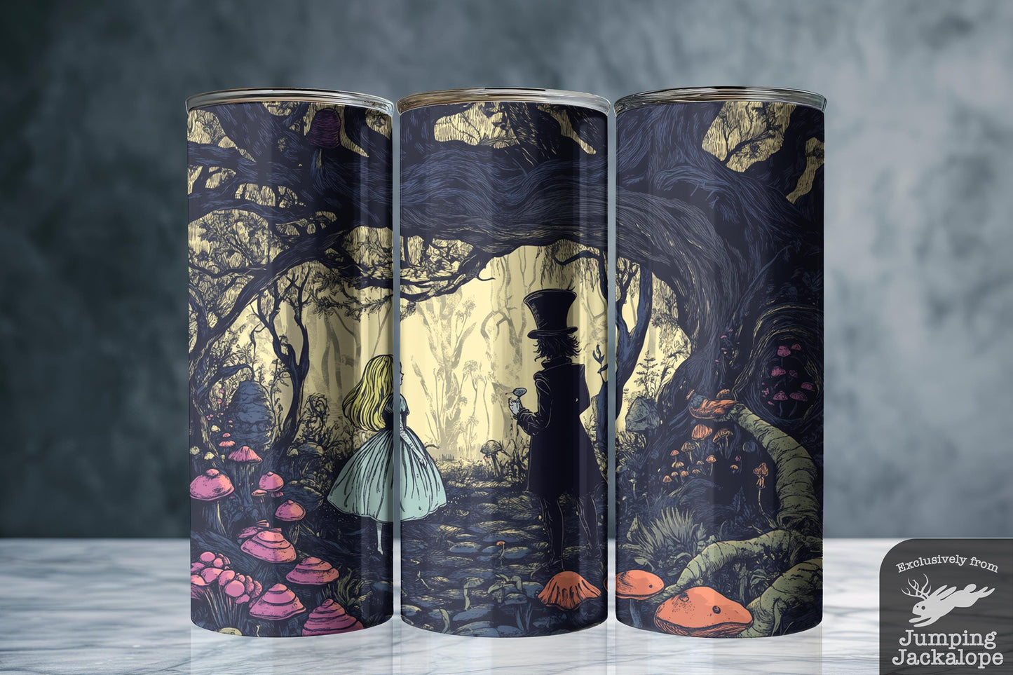 Twisted Wonderland Tumbler – 20oz Alice & Mad Hatter in Enchanted Forest | Vintage Gothic