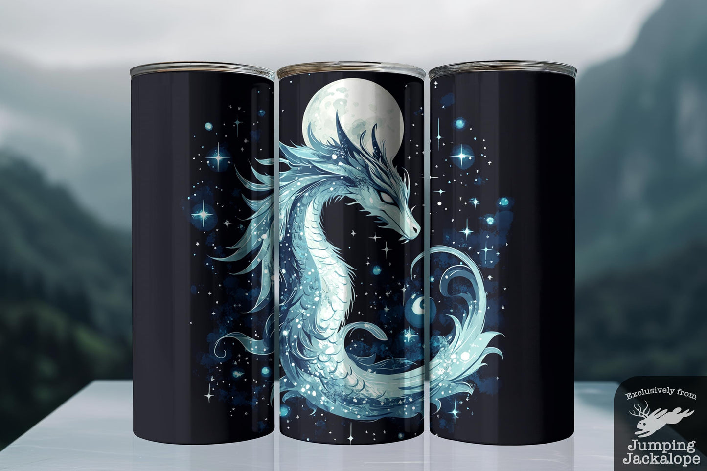 Mystic Drift Dragon Tumbler – 20oz Space Serpent Fantasy Cup | Starry Sky Lunar Art