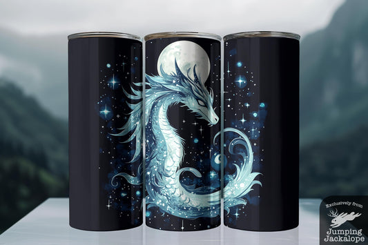 Mystic Drift Dragon Tumbler – 20oz Space Serpent Fantasy Cup | Starry Sky Lunar Art