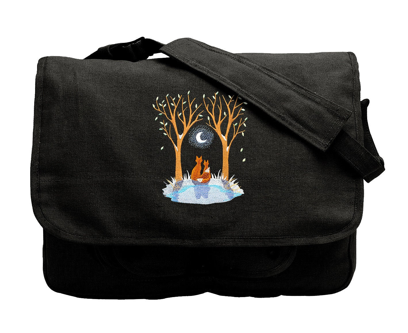 Moonlit Frost Scene, Fox Bag, Fox Embroidered Canvas Messenger Bag