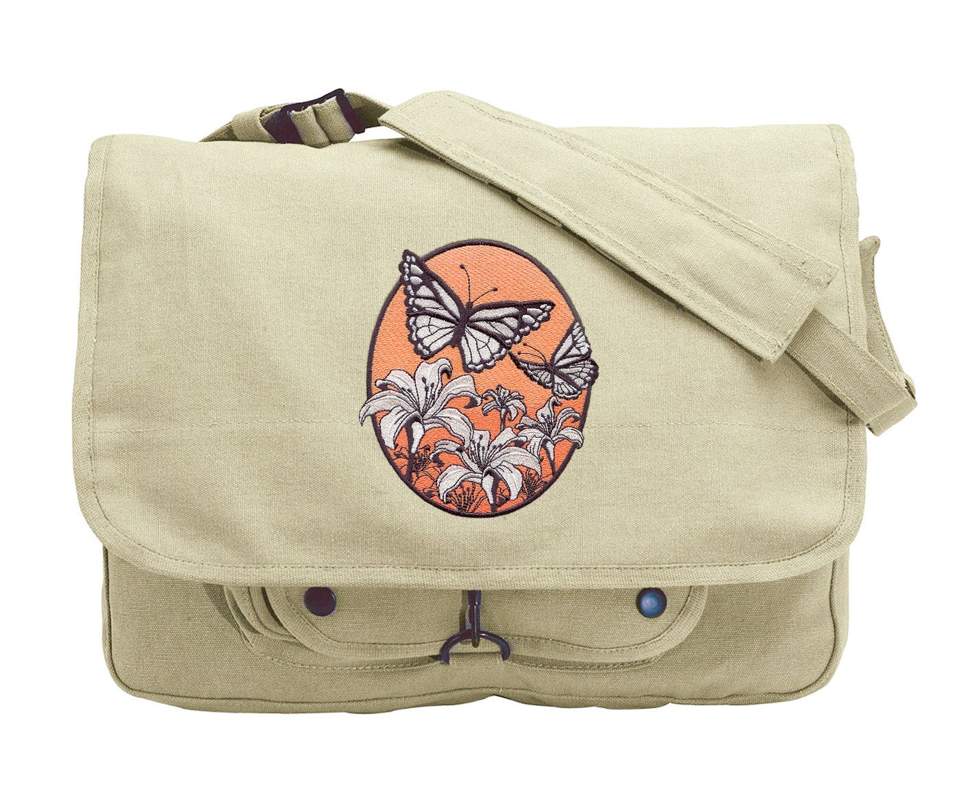 Spring Butterfly Oval Embroidered Canvas Messenger Bag