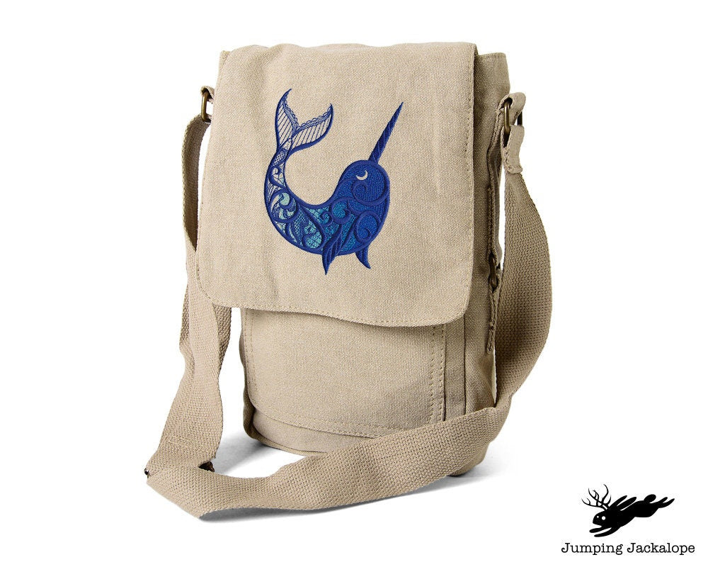 Dark Narwhal Embroidered Canvas Tech, Tablet, iPad, Kindle, Fire, Camera Bag
