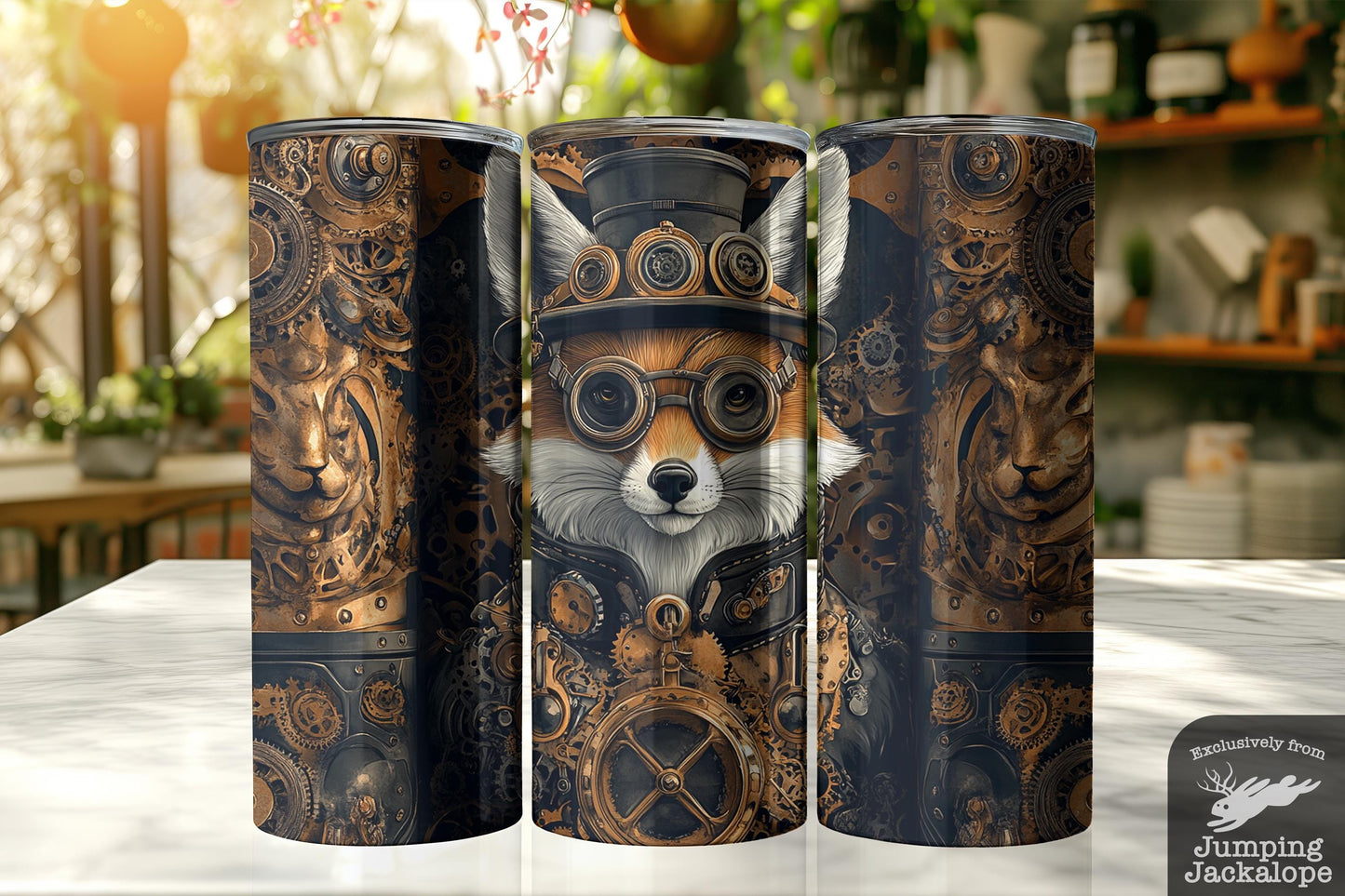 Steampunk Fox Inventor Tumbler – 20oz Clockwork Mechanic Theme | Victorian Gears & Whimsical Tech Art