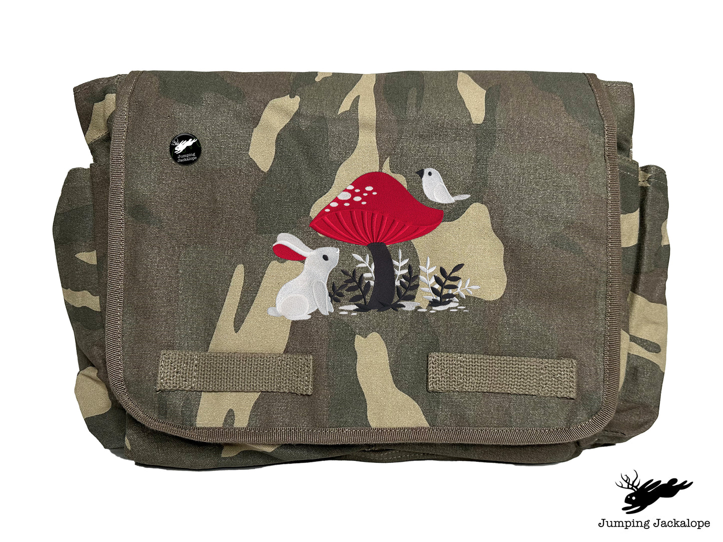 A Curious Find Bunny and Mushroom Design Embroidered Classic Canvas Messenger Bag