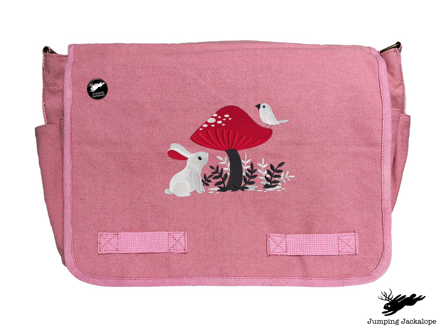 A Curious Find Bunny and Mushroom Design Embroidered Classic Canvas Messenger Bag