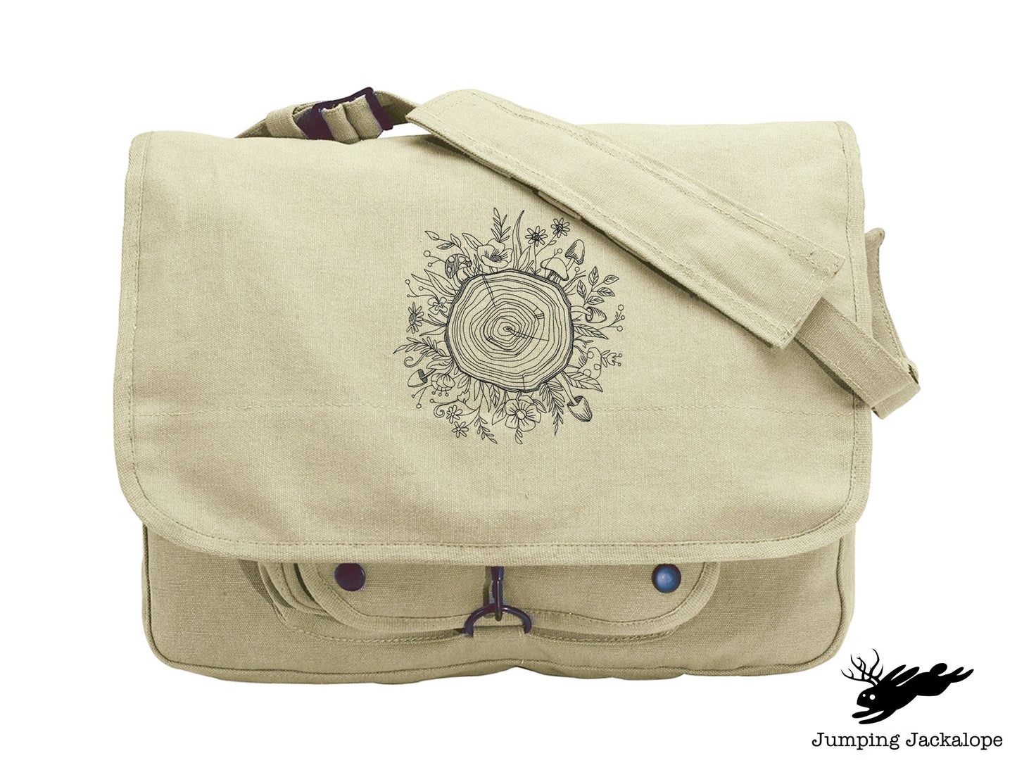 Botanical Tree Rings Embroidered Canvas Messenger Bag