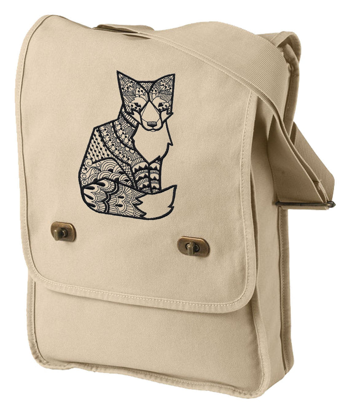 Fox Bag, Fox Canvas Bag, Doodle Fox Embroidered Canvas Field Bag