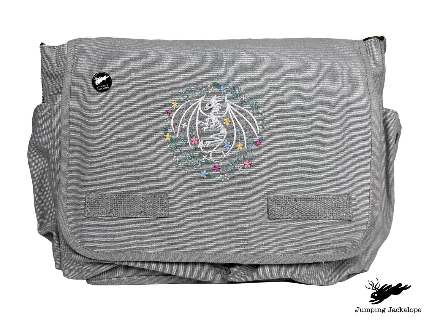 Floral Dragon Skeleton Embroidered Classic Canvas Messenger Bag
