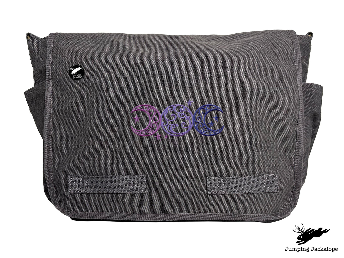 Triple Moon Design Embroidered Classic Canvas Messenger Bag,
