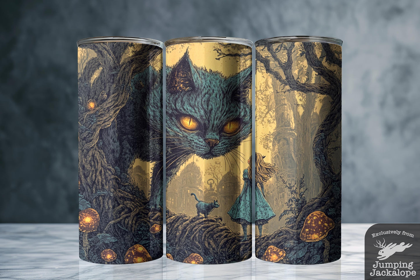 Unseen Eyes Tumbler – Alice and Cheshire in Enchanted Wood | 20oz Fairytale Forest Scene