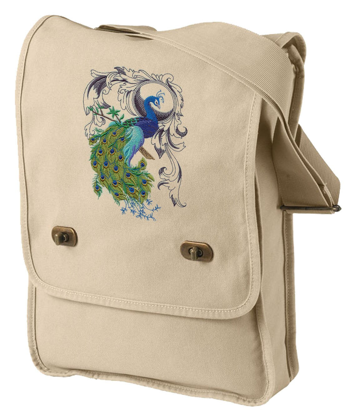 Peacock Flourish Embroidered Canvas Field Bag