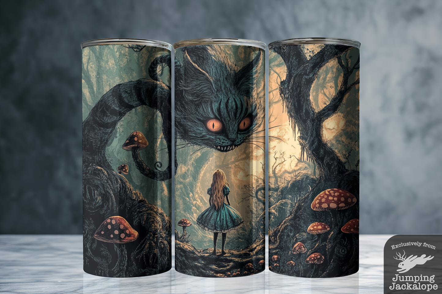 Curious Company Tumbler – Alice in Mushroom Forest with Cheshire Cat | 20oz Sublimated Cup