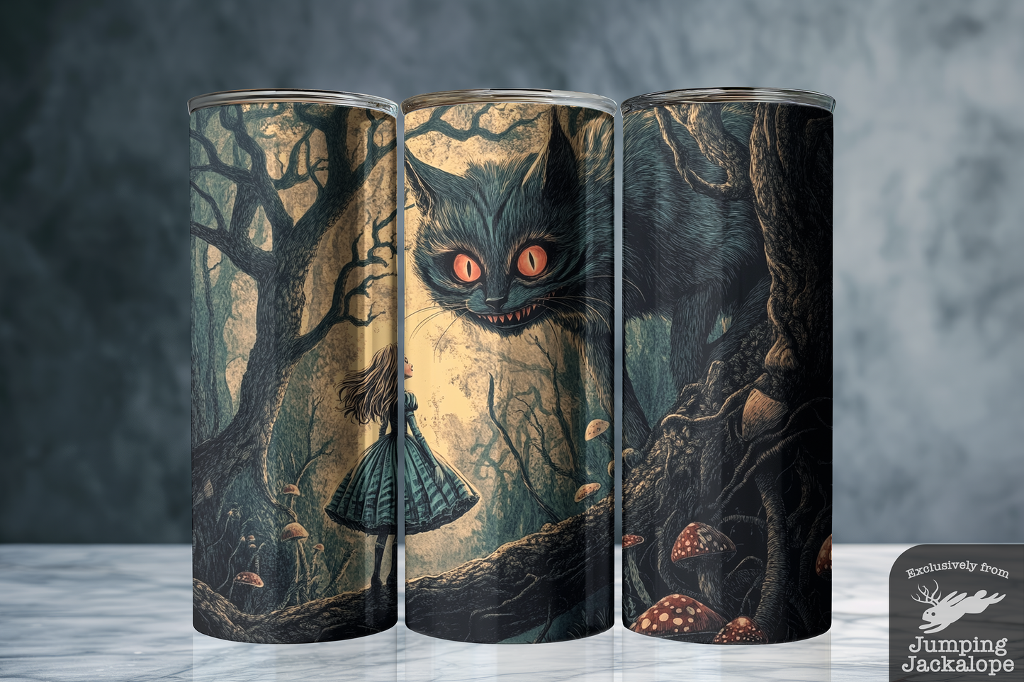Wonder & Dread Tumbler – Cheshire Cat Watches Alice | 20oz Magical Woodland Drinkware