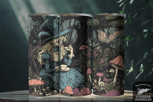 Haunting Wonderland Tumbler – 20oz Sublimated Alice Tea Cup | Vintage Gothic Forest Scene | Personalized Fantasy Gift
