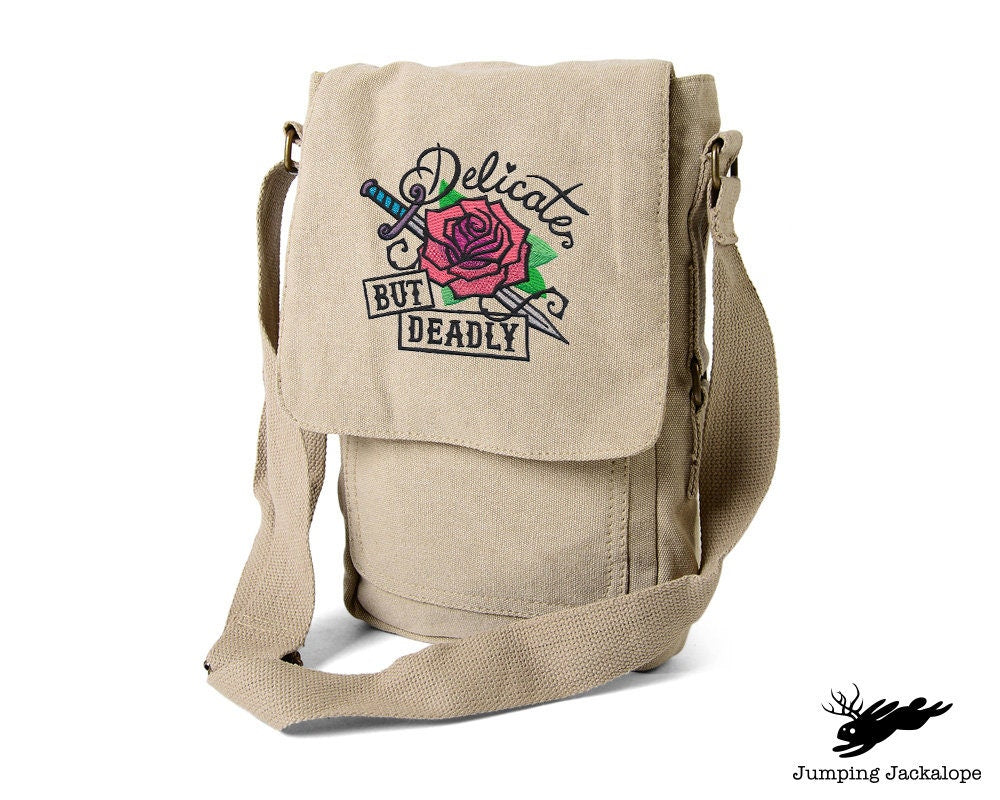 Femme Fatale - Delicate but Deadly Embroidered Canvas Tech, Tablet, iPad, Kindle, Fire, Camera Bag