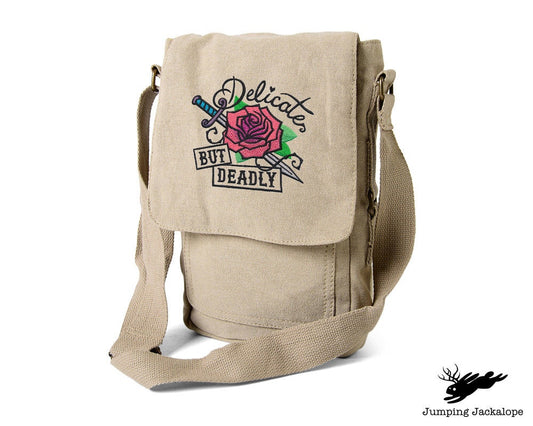 Femme Fatale - Delicate but Deadly Embroidered Canvas Tech, Tablet, iPad, Kindle, Fire, Camera Bag