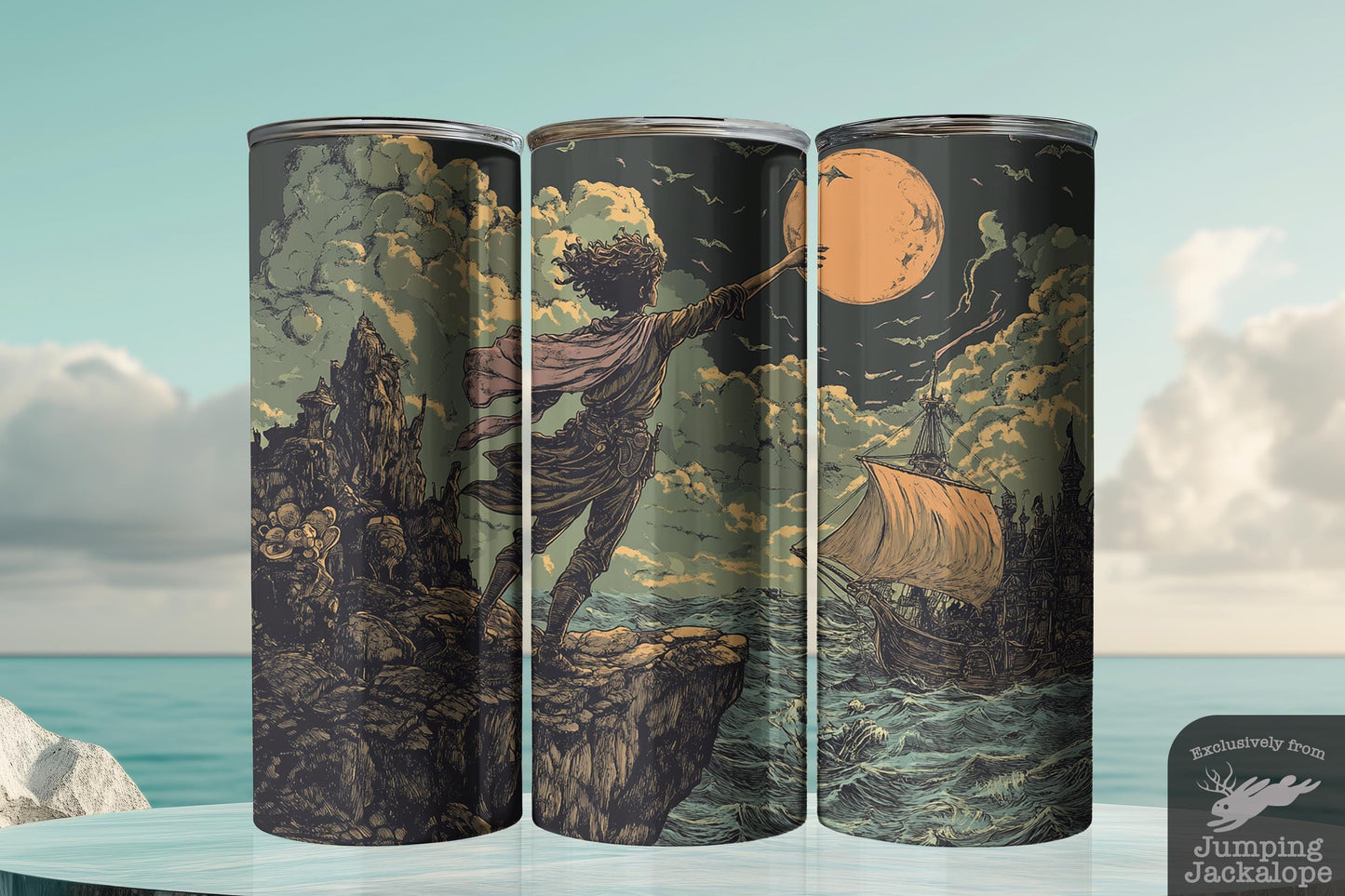 Moonlit Peter Pan Tumbler – 20oz Gothic Neverland Drinkware | Dark Fairytale Scene