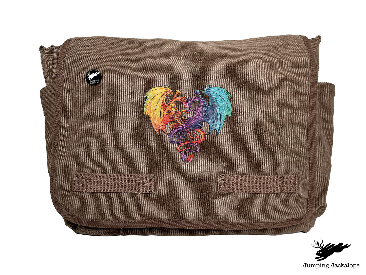 Intertwined Rainbow Heart Dragons Embroidered Classic Canvas Messenger Bag