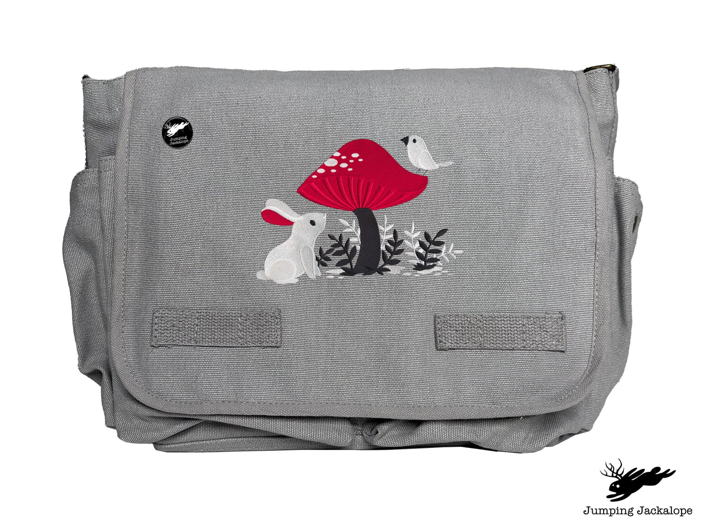 A Curious Find Bunny and Mushroom Design Embroidered Classic Canvas Messenger Bag