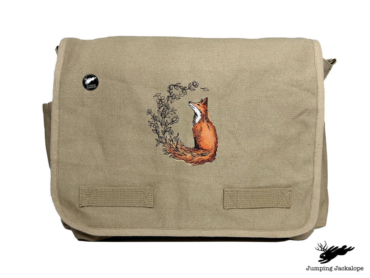 Flower Tailed Fox Design Embroidered Classic Canvas Messenger Bag