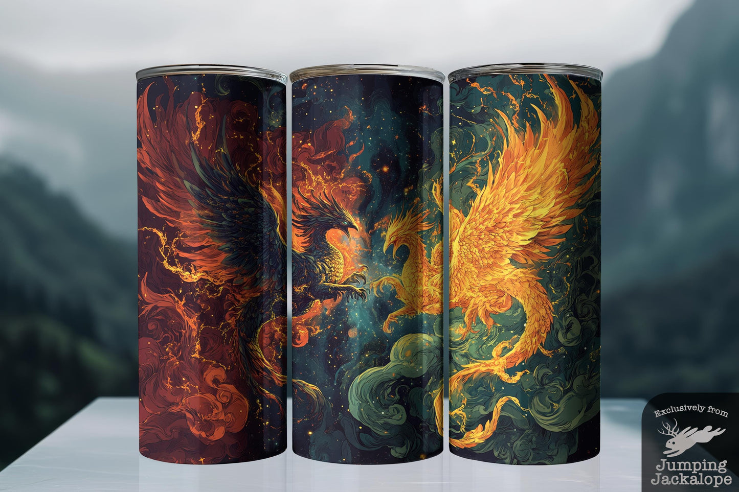 Dragon vs. Phoenix Tumbler – 20oz Celestial Battle Fantasy Cup | Fiery Mythical Art Drinkware