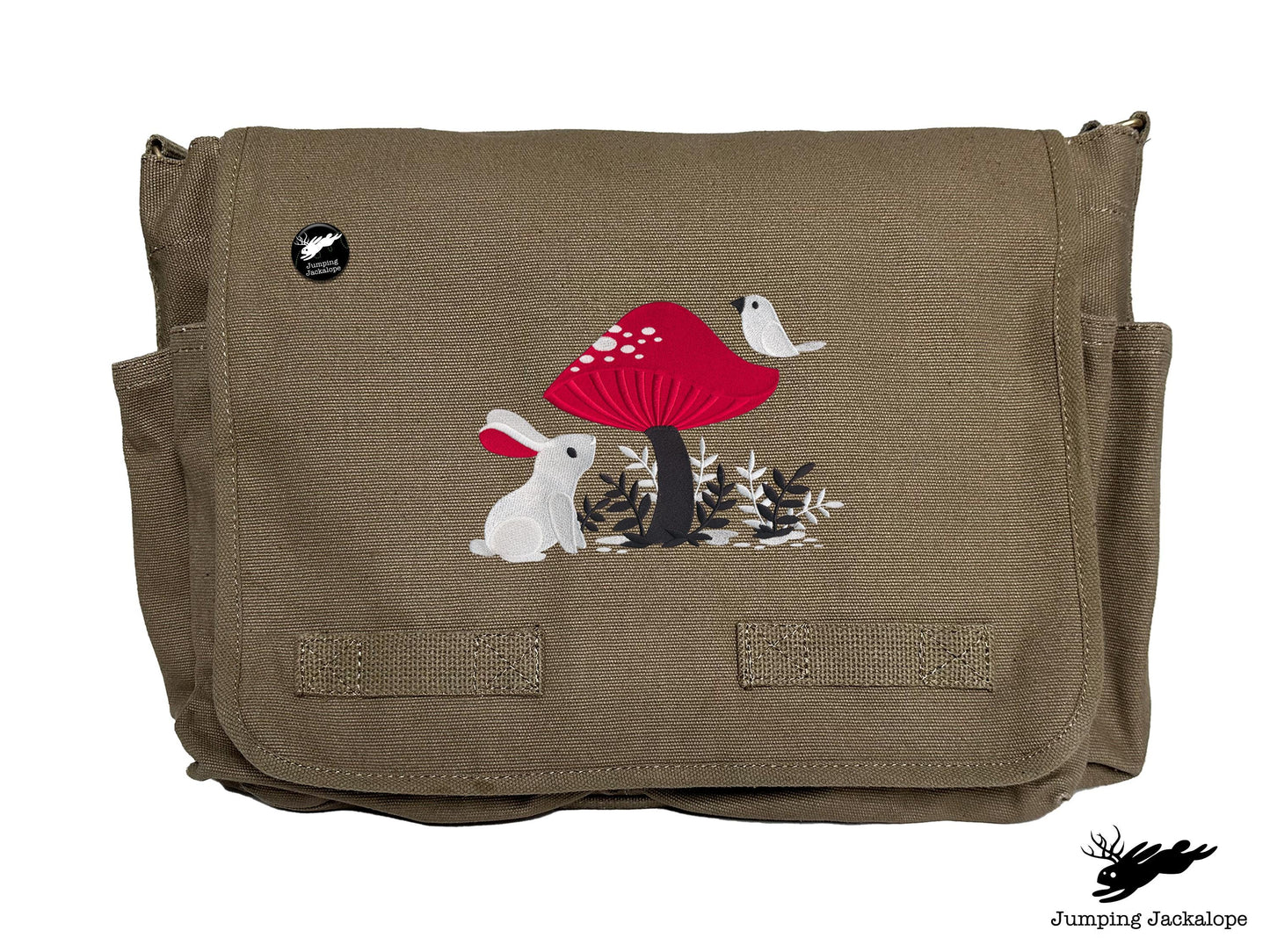 A Curious Find Bunny and Mushroom Design Embroidered Classic Canvas Messenger Bag