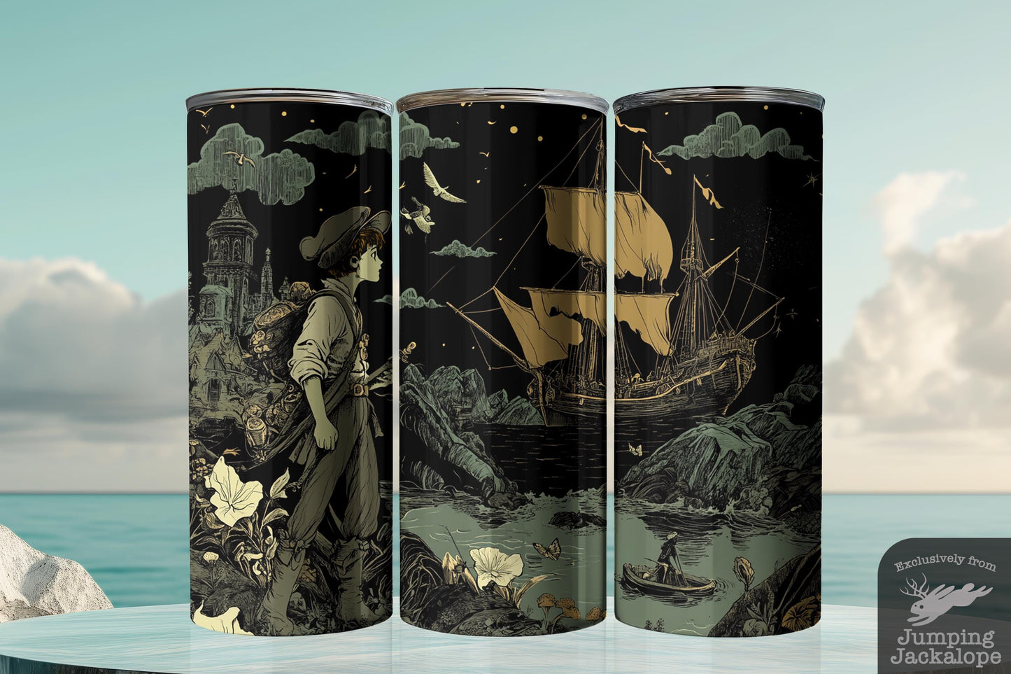 Peter Pan Under Moonlight Tumbler – 20oz Gothic Fantasy Scene | Enchanted Neverland Gift