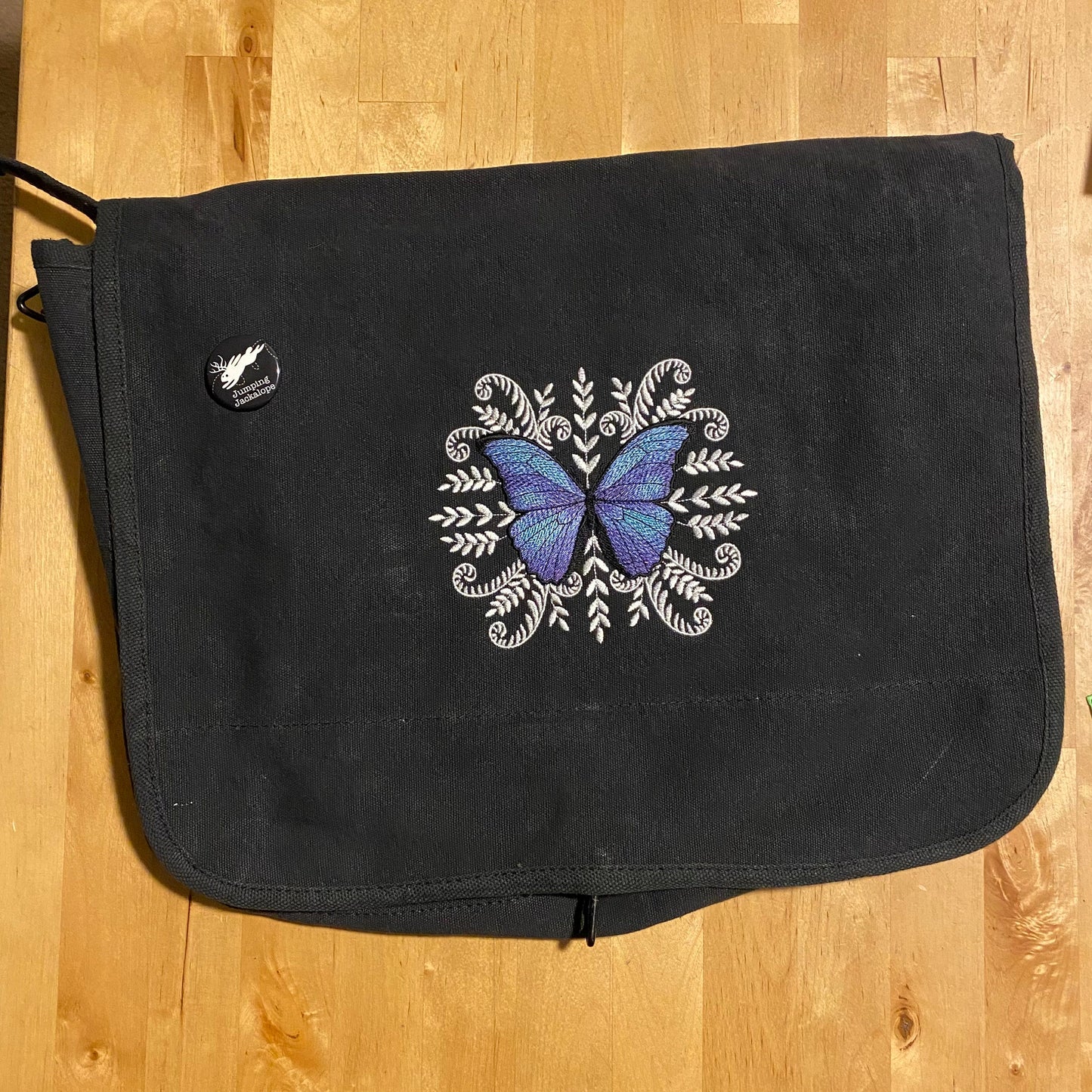 Blue Morpho Butterfly Medallion Embroidered Canvas Messenger Bag
