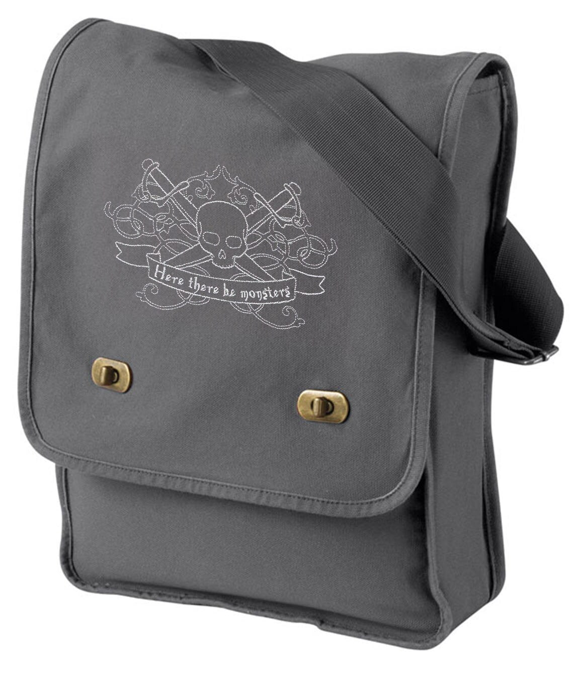 Here There Be Monsters Embroidered Canvas Field Bag