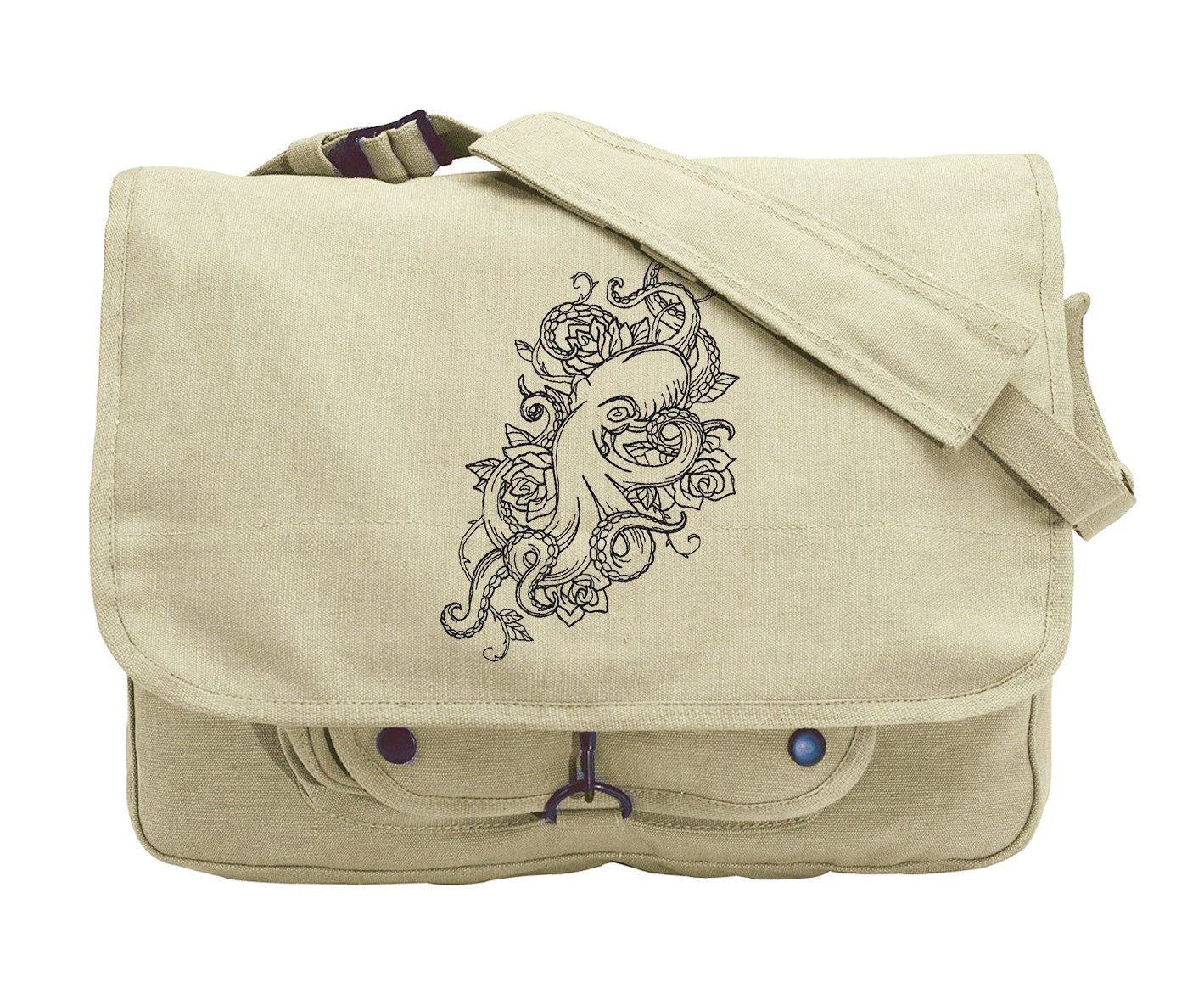 Deep Sea Love Embroidered Canvas Messenger Bag, Octopus Bag, Octopus Messenger Bag, Kraken Bag