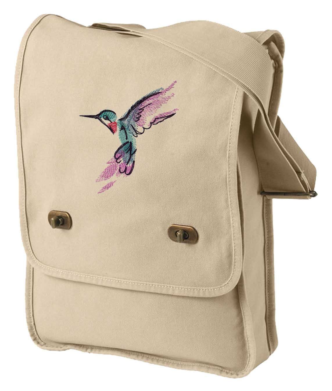 Painted Hummingbird Embroidered Canvas Field Bag