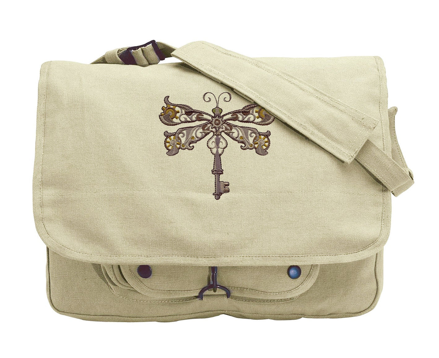 Steampunk Dragonfly Embroidered Canvas Messenger Bag