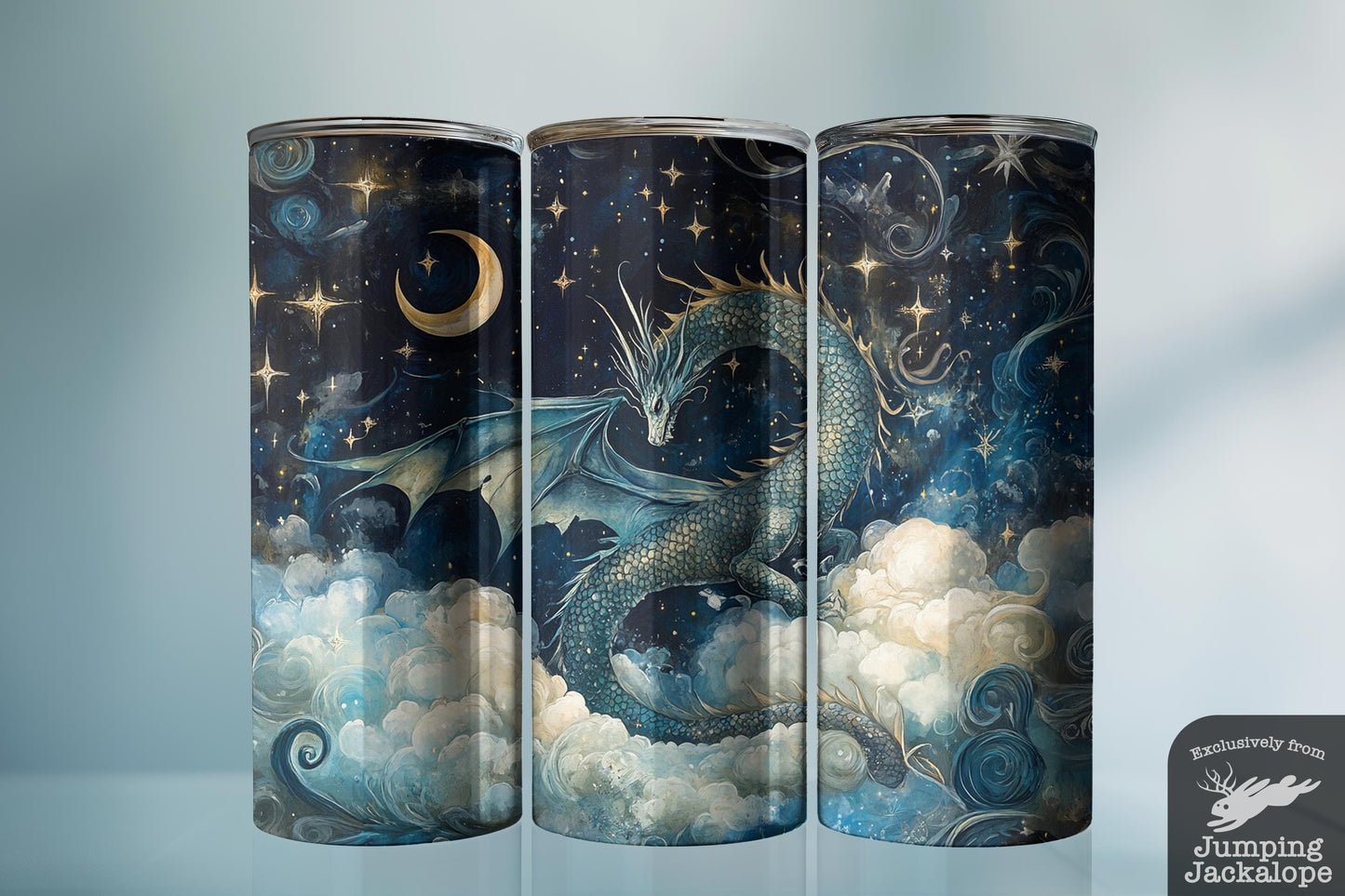 Cosmic Tides Dragon Tumbler – 20oz Moon & Cloud Fantasy Scene | Magical Blue Night Art