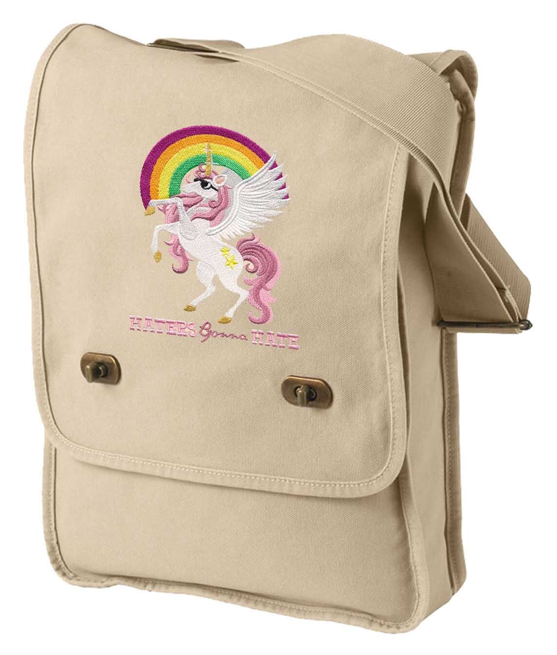 Haters Gonna Hate Fabulous Unicorn Embroidered Canvas Field Bag
