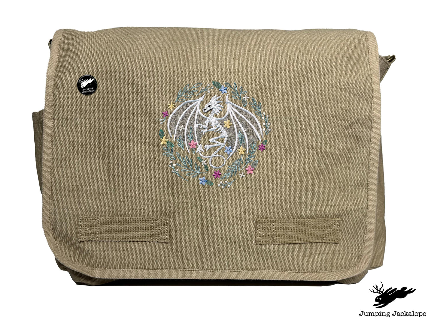 Floral Dragon Skeleton Embroidered Classic Canvas Messenger Bag