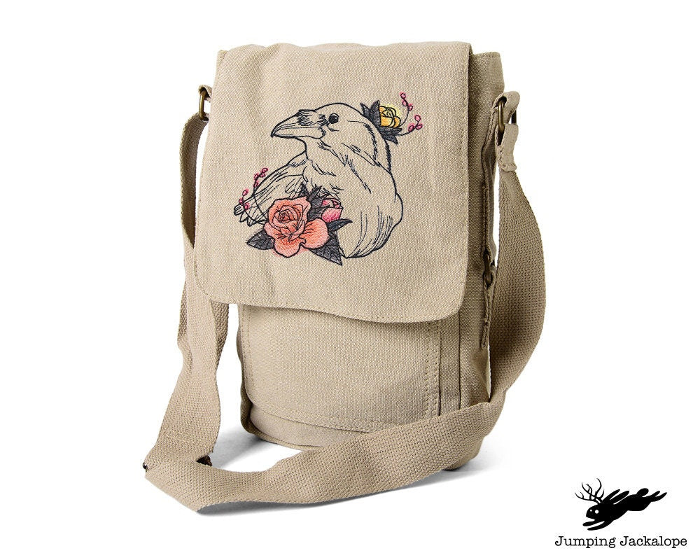Dire Blooms - Raven Embroidered Canvas Tech, Tablet, iPad, Kindle, Fire, Camera Bag