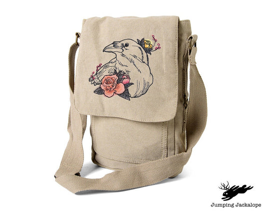Dire Blooms - Raven Embroidered Canvas Tech, Tablet, iPad, Kindle, Fire, Camera Bag