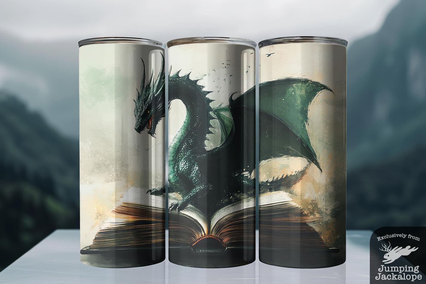 Green Fire Guardian Tumbler – 20oz Fierce Dragon on Ancient Book | Bold High Fantasy Drinkware